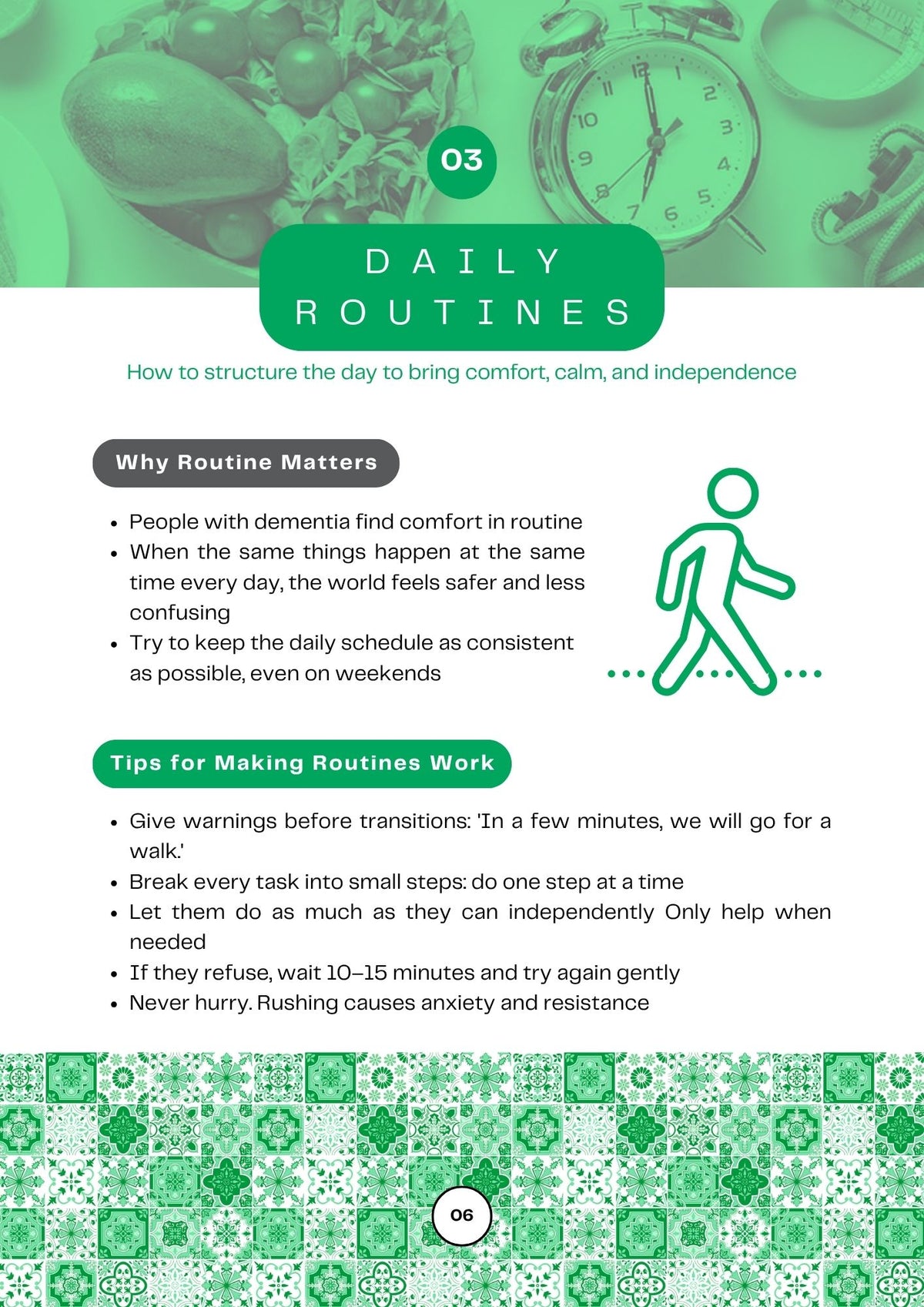 Chapter 3, Infographic on daily routines with green color scheme and clock imagery
