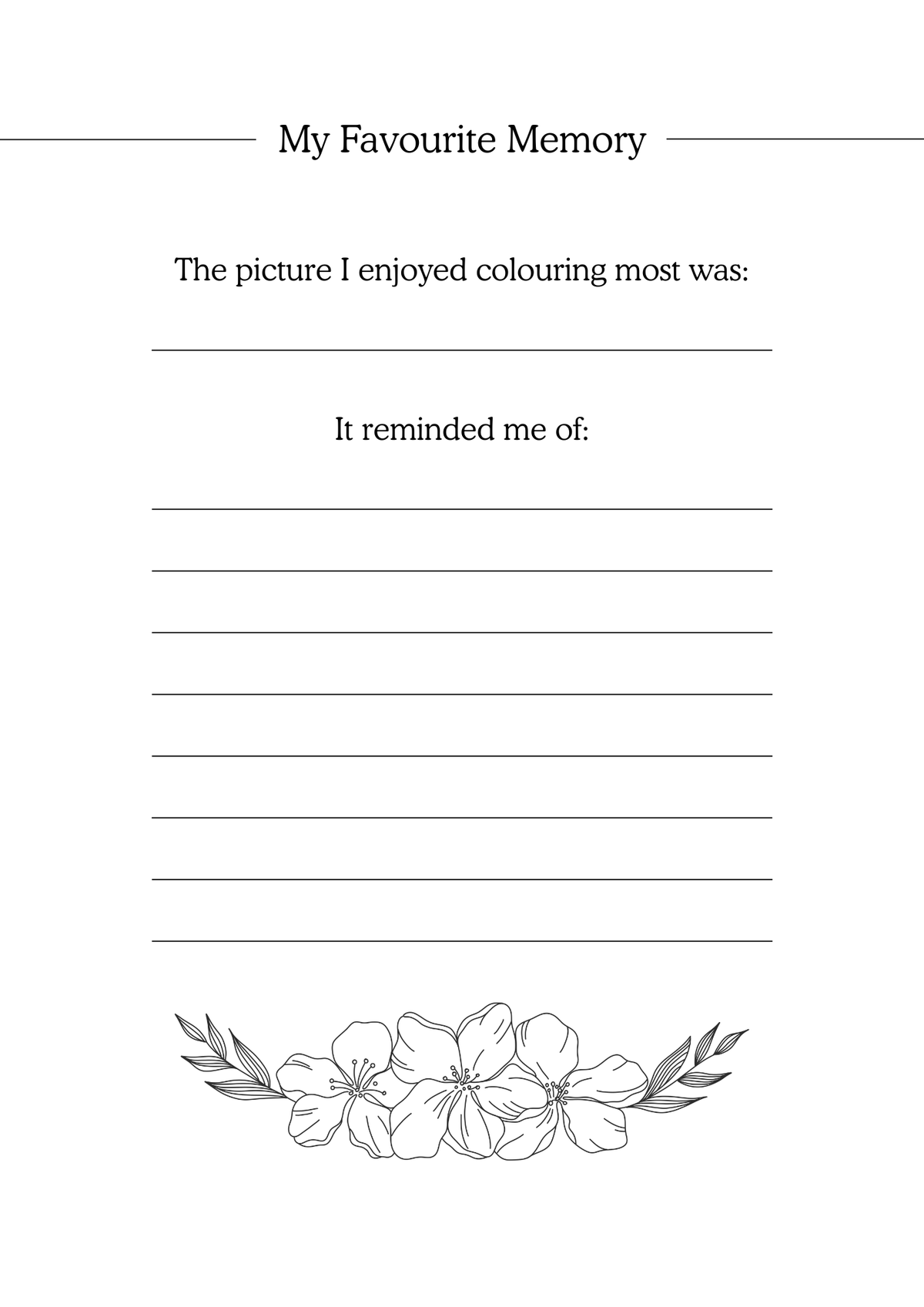 Blank worksheet with text prompts and a floral design at the bottom