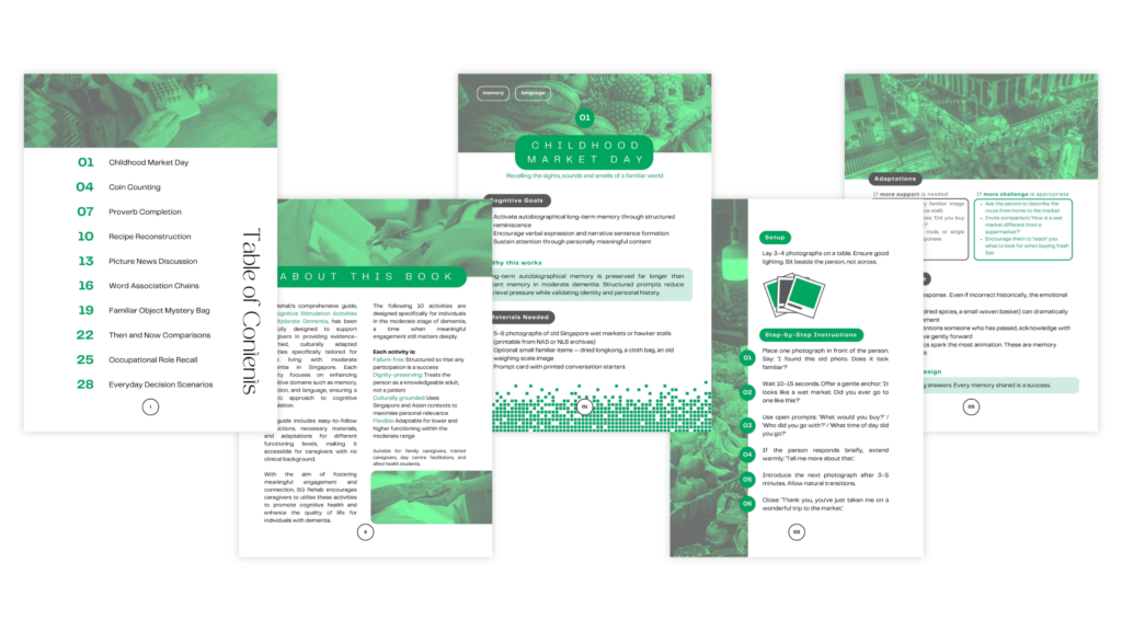 Sample pages from the ebook 10 Cognitive Stimulation Activities for Moderate Dementia, featuring table of contents, about the book, and one chapter