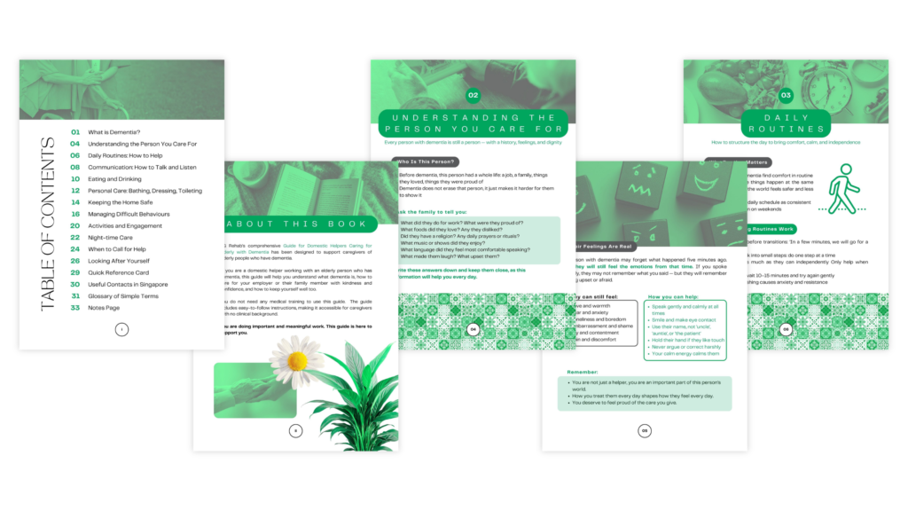 Sample pages from the ebook A Guide for Domestic Helpers Caring for Elderly with Dementia, featuring table of contents, about the book, and one chapter
